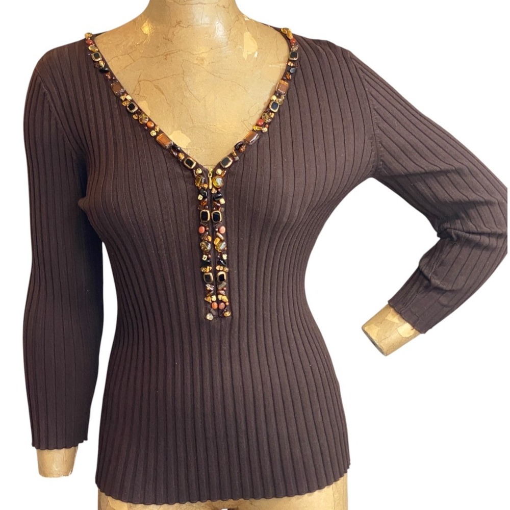 Belldini Brown Ribbed Knit Sweater Top Gem Bead Neckline Boho Y2K Sz M #224Q